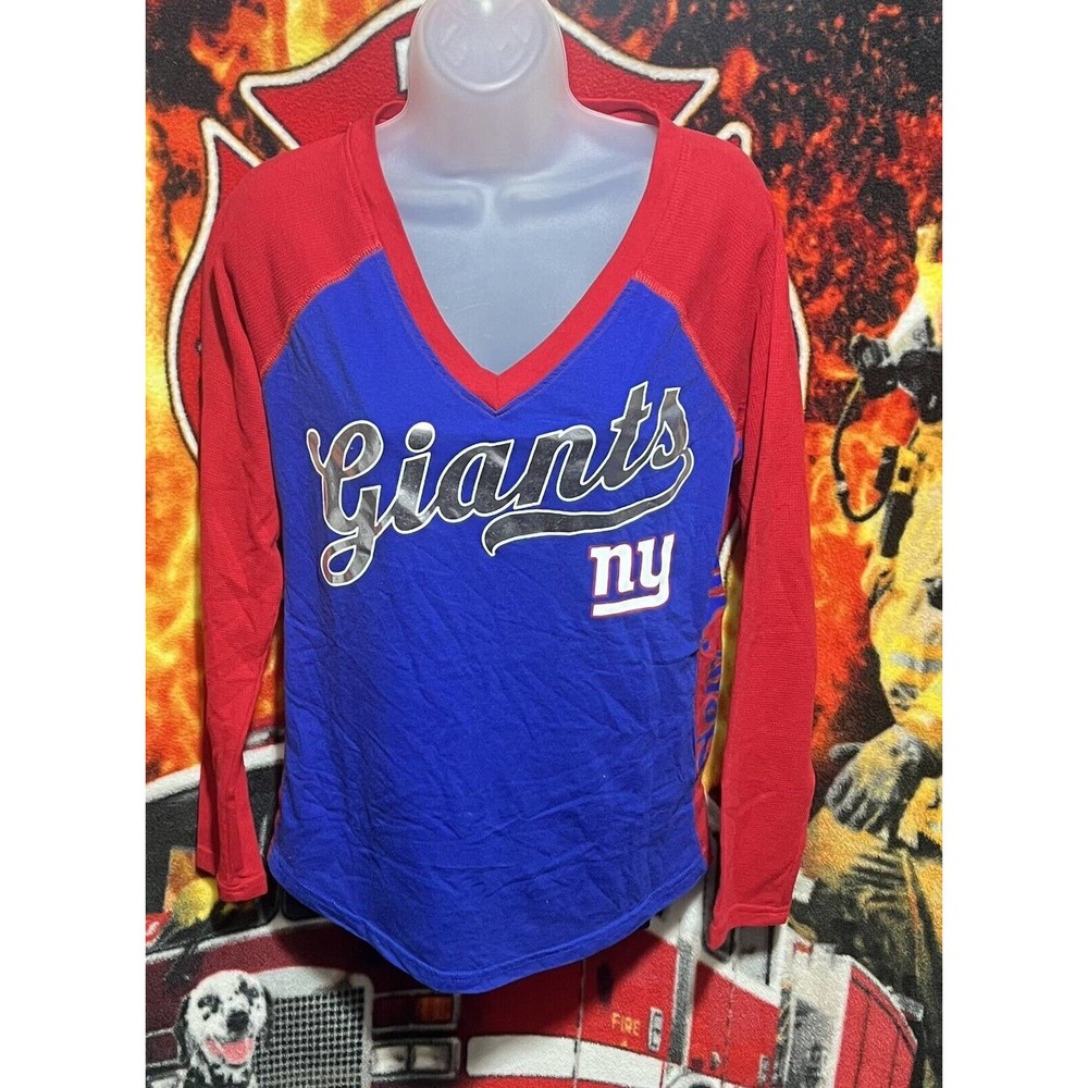 New York Giants Womens Hands High Blue/Red Long Sleeve‎ T Shirt V Neck Medium
